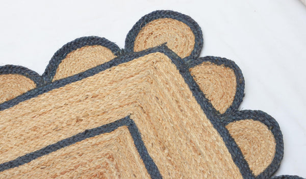 Natural Jute Scallop Rug with Navy Trim