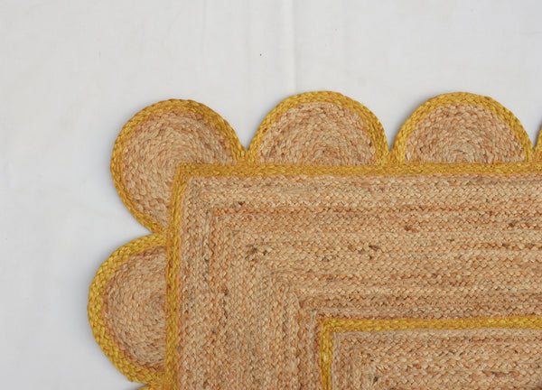 Natural Jute Scallop Rug with Yellow Trim
