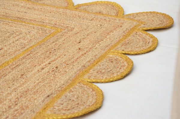 Natural Jute Scallop Rug with Yellow Trim