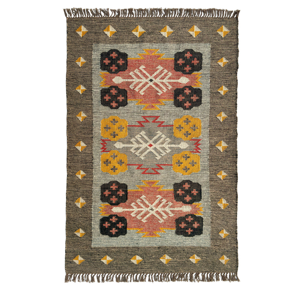 Wool Jute Kilim rug with geometric pattern on a white background