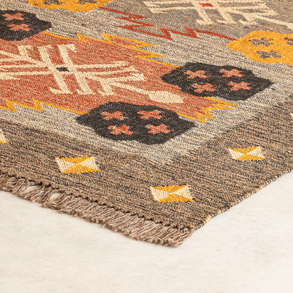 Close-up of a patterned rug with geometric design on a light background
