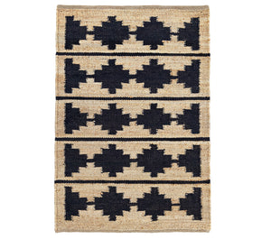 Rug with black geometric pattern on beige background