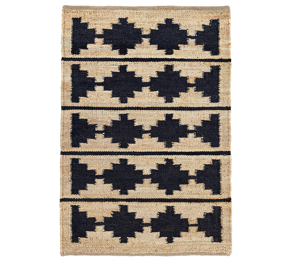Rug with black geometric pattern on beige background