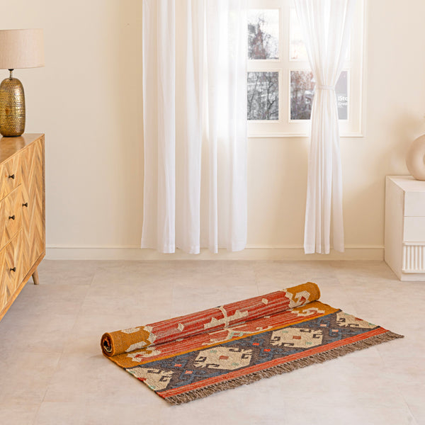 Bandhej Boho Rustic Jute Wool Kilim Area Rug