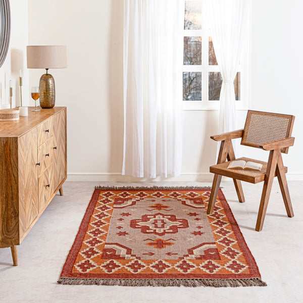 Bagh Bohemian Rustic Jute Wool Kilim Area Rug