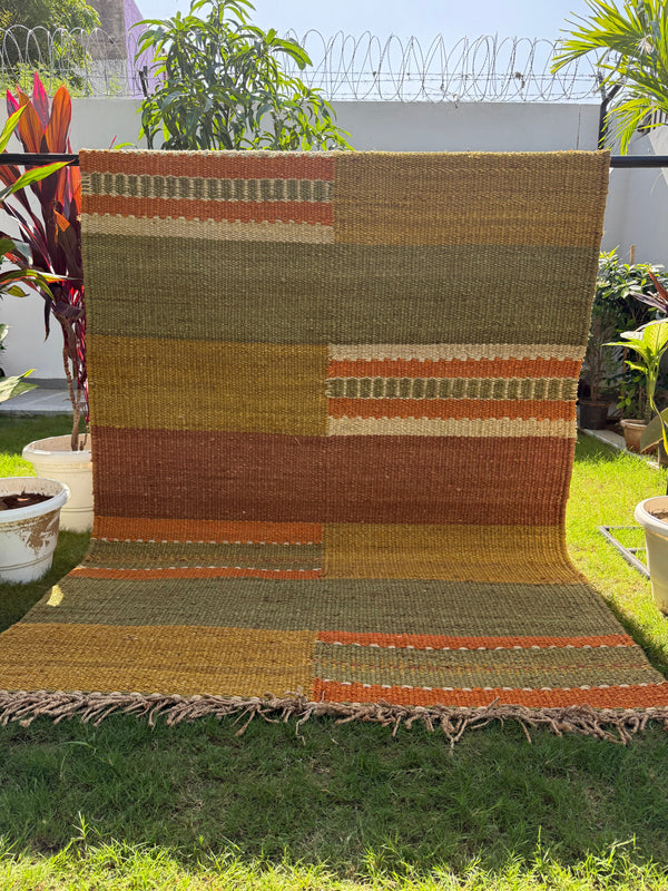 Handwoven Earth Tone Striped Jute Rug 5X7- Rustic Artisan Floor Carpet