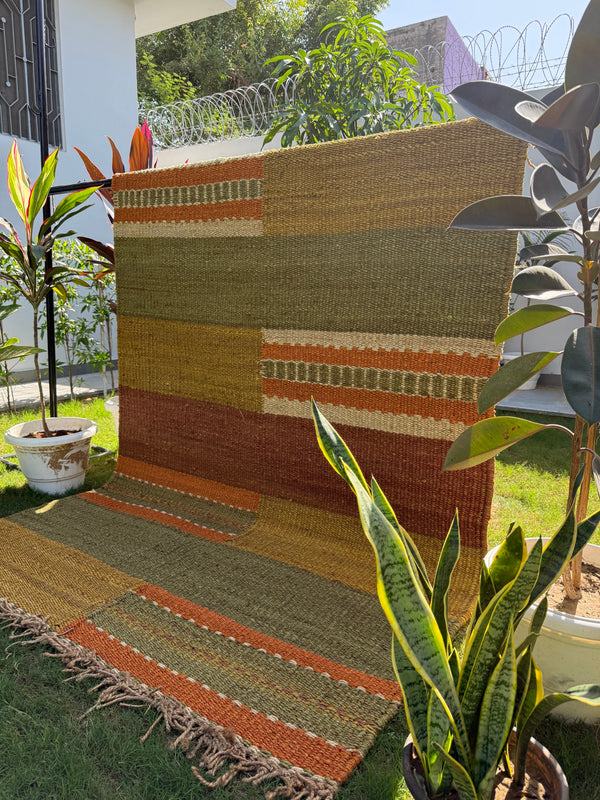 Handwoven Earth Tone Striped Jute Rug 5X7- Rustic Artisan Floor Carpet