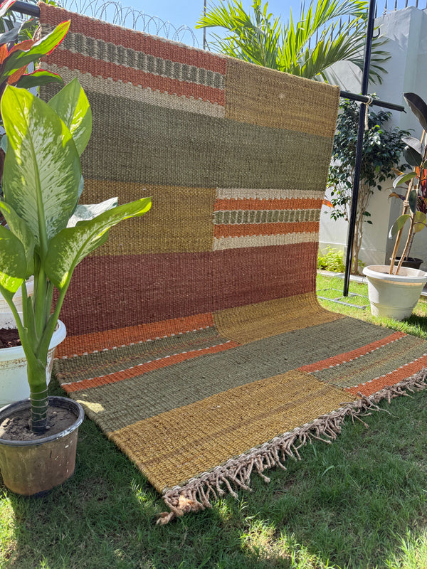 Handwoven Earth Tone Striped Jute Rug 5X7- Rustic Artisan Floor Carpet