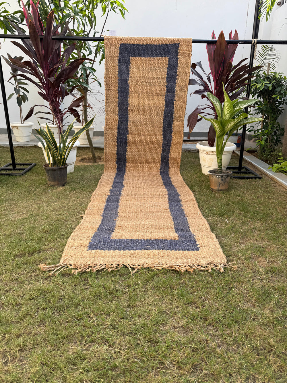 Natural & Navy Jute Hemp Rug, Handwoven Bedside Area Rug, Bohemian Home Decor, Entryway Runner 2.5X10 ft