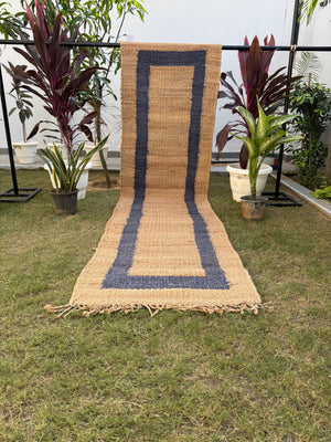 Natural & Navy Jute Hemp Rug, Handwoven Bedside Area Rug, Bohemian Home Decor, Entryway Runner 2.5X10 ft