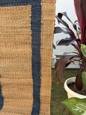 Natural & Navy Jute Hemp Rug, Handwoven Bedside Area Rug, Bohemian Home Decor, Entryway Runner 2.5X10 ft