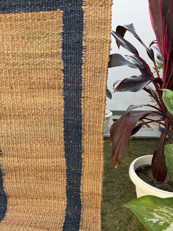Natural & Navy Jute Hemp Rug, Handwoven Bedside Area Rug, Bohemian Home Decor, Entryway Runner 2.5X10 ft
