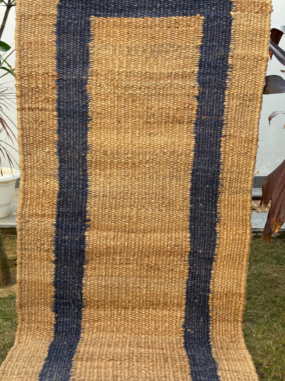 Natural & Navy Jute Hemp Rug, Handwoven Bedside Area Rug, Bohemian Home Decor, Entryway Runner 2.5X10 ft
