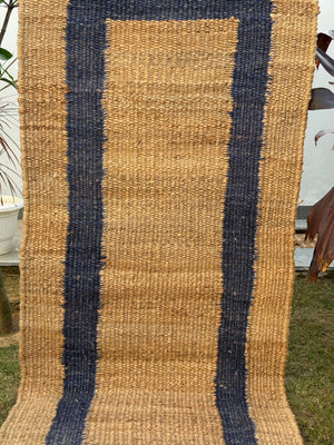 Natural & Navy Jute Hemp Rug, Handwoven Bedside Area Rug, Bohemian Home Decor, Entryway Runner 2.5X10 ft