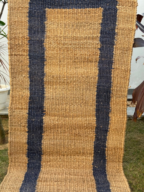 Natural & Navy Jute Hemp Rug, Handwoven Bedside Area Rug, Bohemian Home Decor, Entryway Runner 2.5X10 ft