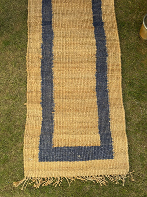 Natural & Navy Jute Hemp Rug, Handwoven Bedside Area Rug, Bohemian Home Decor, Entryway Runner 2.5X10 ft
