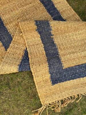 Natural & Navy Jute Hemp Rug, Handwoven Bedside Area Rug, Bohemian Home Decor, Entryway Runner 2.5X10 ft