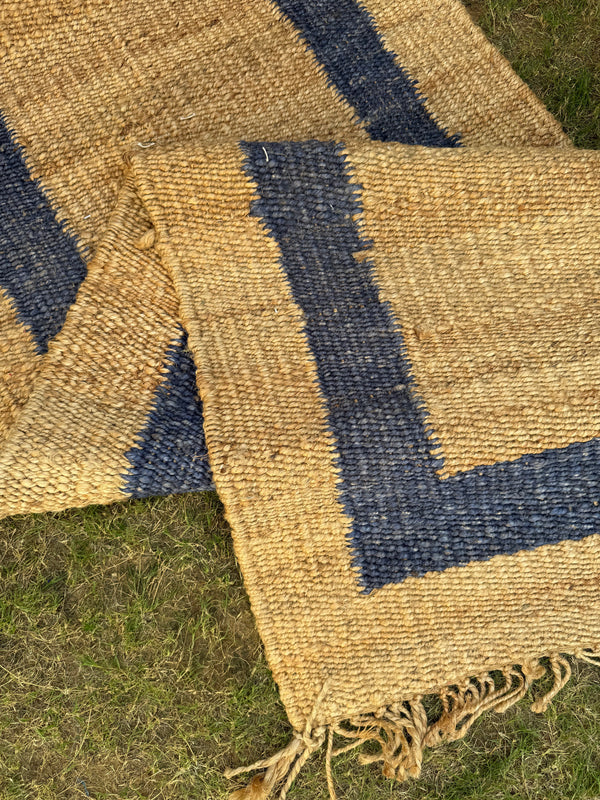 Natural & Navy Jute Hemp Rug, Handwoven Bedside Area Rug, Bohemian Home Decor, Entryway Runner 2.5X10 ft