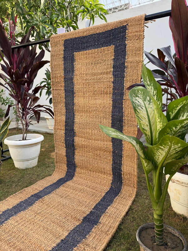 Natural & Navy Jute Hemp Rug, Handwoven Bedside Area Rug, Bohemian Home Decor, Entryway Runner 2.5X10 ft