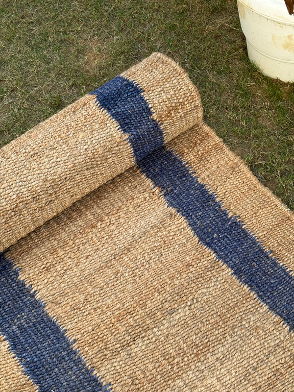 Natural & Navy Jute Hemp Rug, Handwoven Bedside Area Rug, Bohemian Home Decor, Entryway Runner 2.5X10 ft
