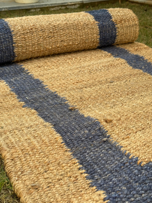 Natural & Navy Jute Hemp Rug, Handwoven Bedside Area Rug, Bohemian Home Decor, Entryway Runner 2.5X10 ft