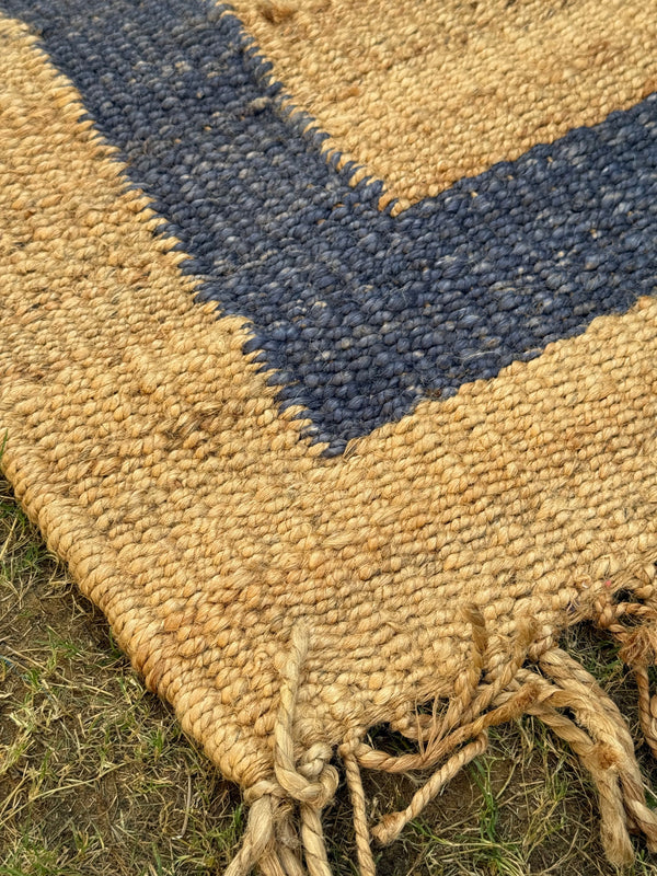 Natural & Navy Jute Hemp Rug, Handwoven Bedside Area Rug, Bohemian Home Decor, Entryway Runner 2.5X10 ft