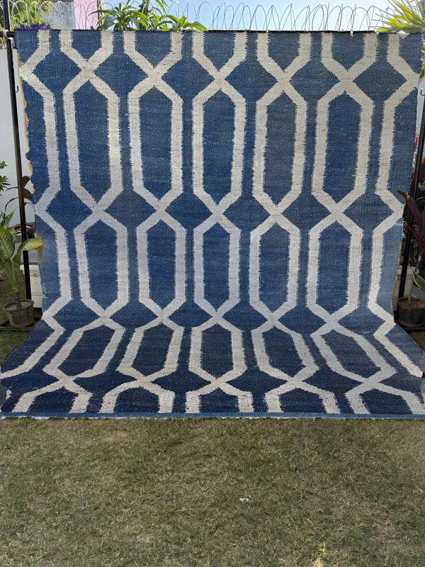 Handwoven Navy & Ivory Geometric Area Rug- 9X12 Boho Jute Hemp Rug, Eco-Friendly