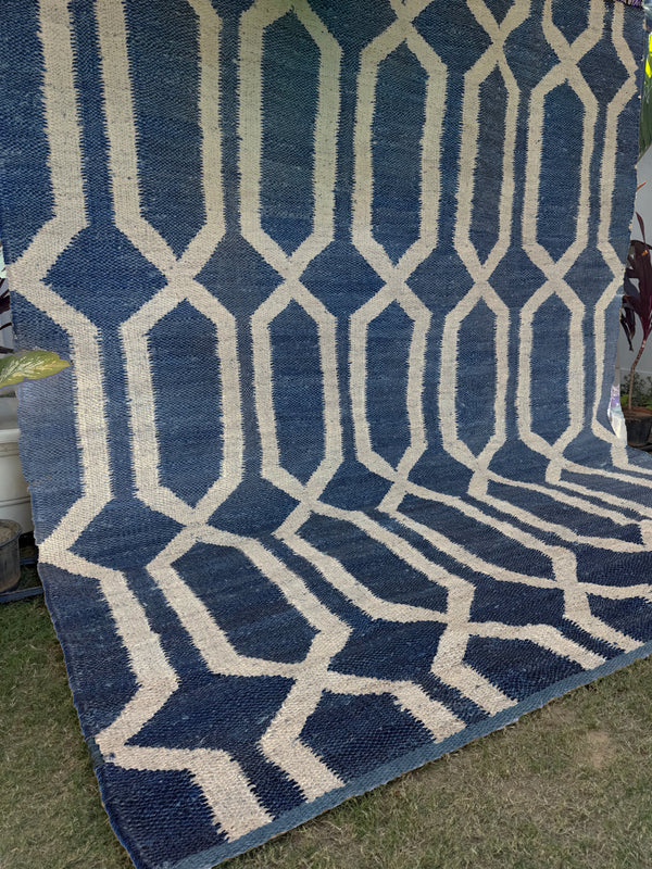 Handwoven Navy & Ivory Geometric Area Rug- 9X12 Boho Jute Hemp Rug, Eco-Friendly