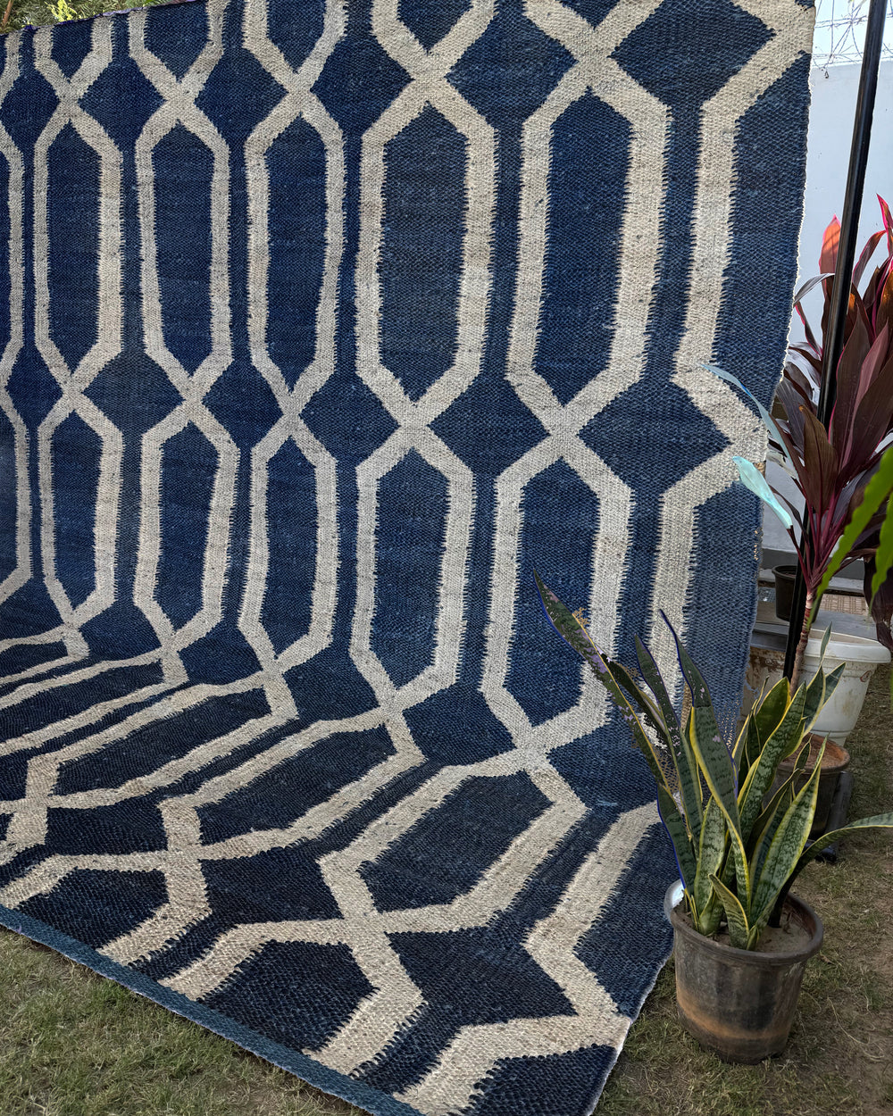 Handwoven Navy & Ivory Geometric Area Rug- 9X12 Boho Jute Hemp Rug, Eco-Friendly