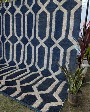 Handwoven Navy & Ivory Geometric Area Rug- 9X12 Boho Jute Hemp Rug, Eco-Friendly