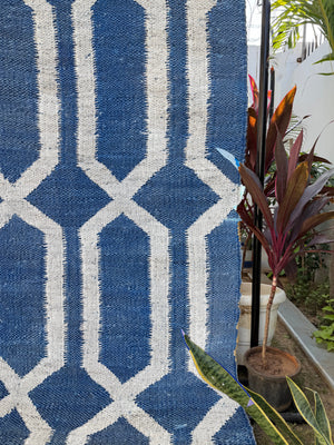 Handwoven Navy & Ivory Geometric Area Rug- 9X12 Boho Jute Hemp Rug, Eco-Friendly