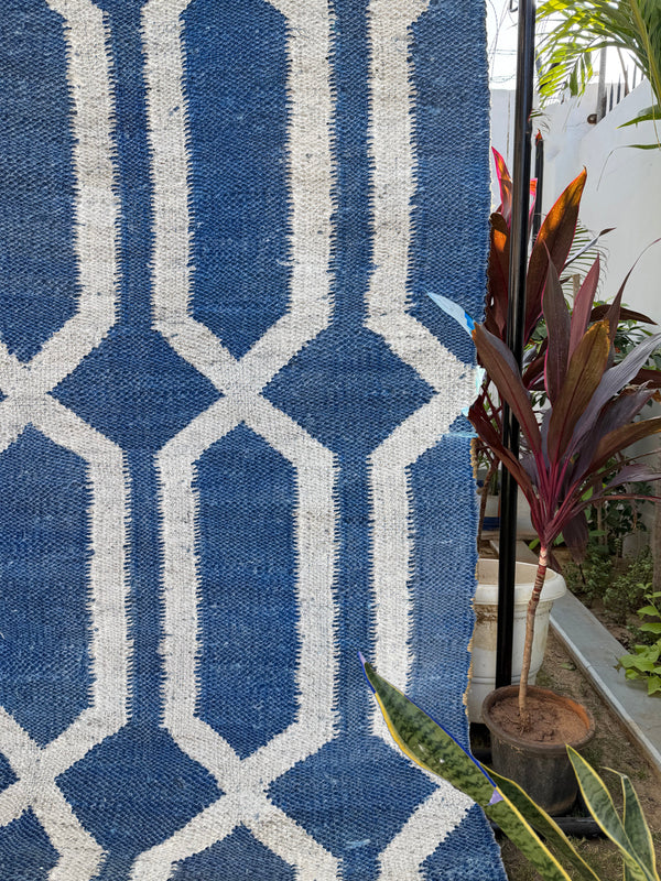 Handwoven Navy & Ivory Geometric Area Rug- 9X12 Boho Jute Hemp Rug, Eco-Friendly