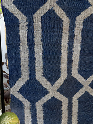 Handwoven Navy & Ivory Geometric Area Rug- 9X12 Boho Jute Hemp Rug, Eco-Friendly