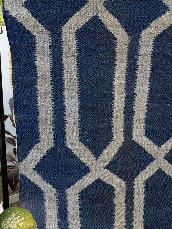 Handwoven Navy & Ivory Geometric Area Rug- 9X12 Boho Jute Hemp Rug, Eco-Friendly