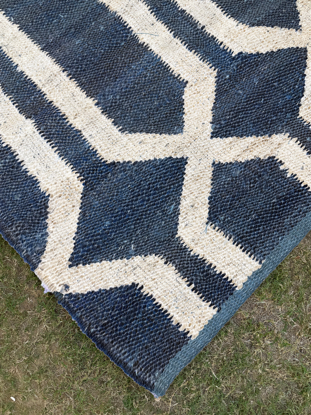 Handwoven Navy & Ivory Geometric Area Rug- 9X12 Boho Jute Hemp Rug, Eco-Friendly