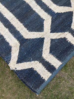 Handwoven Navy & Ivory Geometric Area Rug- 9X12 Boho Jute Hemp Rug, Eco-Friendly