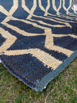 Handwoven Navy & Ivory Geometric Area Rug- 9X12 Boho Jute Hemp Rug, Eco-Friendly