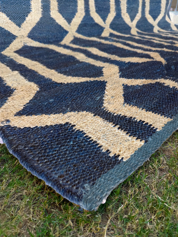 Handwoven Navy & Ivory Geometric Area Rug- 9X12 Boho Jute Hemp Rug, Eco-Friendly