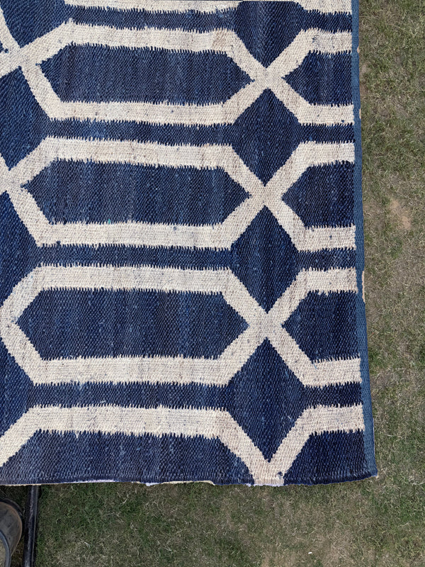 Handwoven Navy & Ivory Geometric Area Rug- 9X12 Boho Jute Hemp Rug, Eco-Friendly