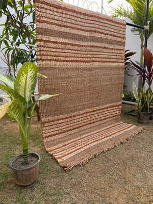 Handwoven Jute Striped Area Rug- Natural Beige & Brown Floor Carpet