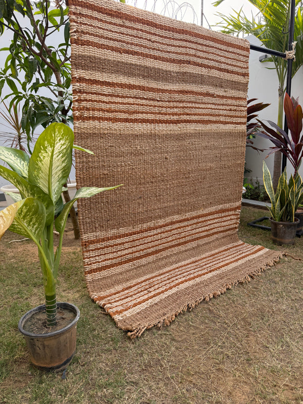 Handwoven Jute Striped Area Rug- Natural Beige & Brown Floor Carpet