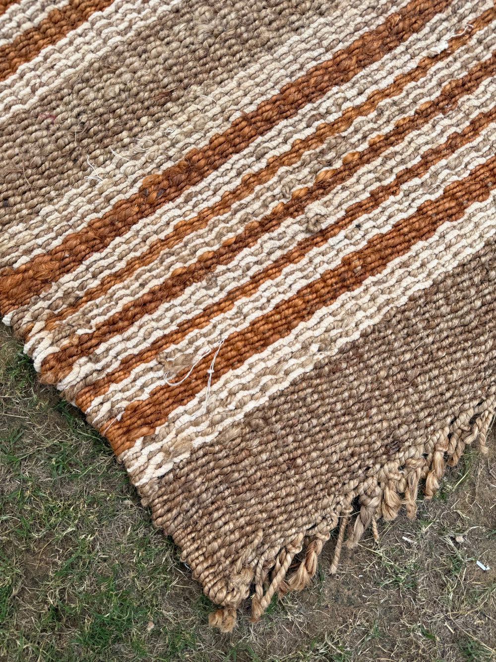 Handwoven Jute Striped Area Rug- Natural Beige & Brown Floor Carpet