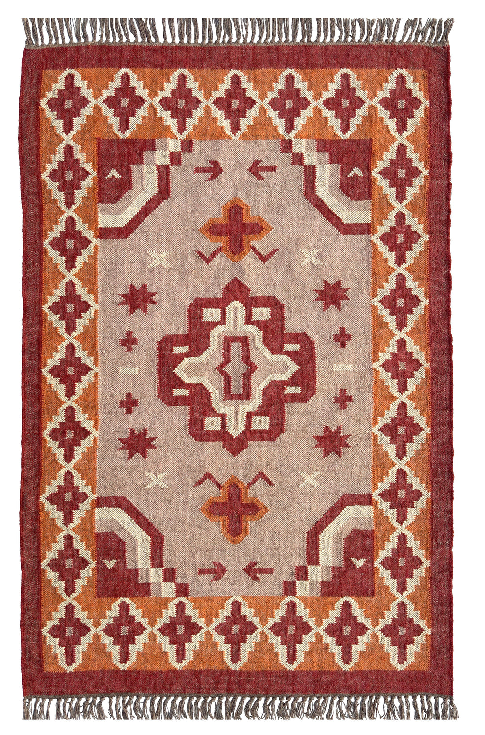 Decorative jute kilim rug with geometric pattern on a plain background