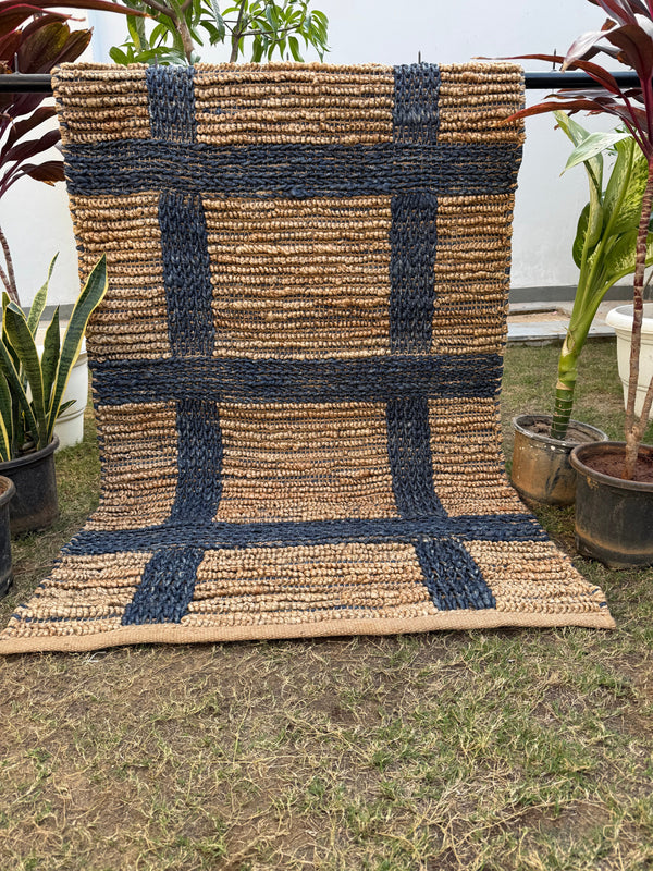 Modern Checkered Jute Area Rug- Handwoven Natural Fiber Floor Carpet, Boho Decor
