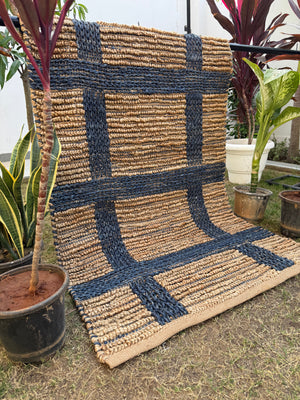 Modern Checkered Jute Area Rug- Handwoven Natural Fiber Floor Carpet, Boho Decor