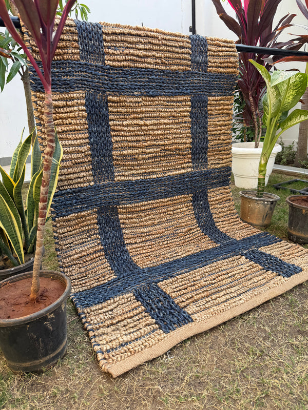Modern Checkered Jute Area Rug- Handwoven Natural Fiber Floor Carpet, Boho Decor