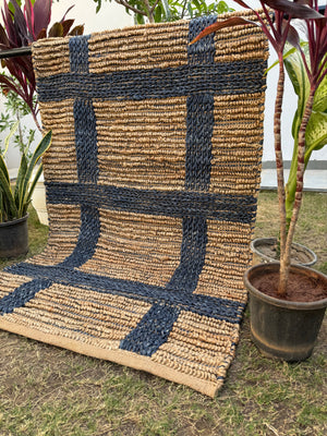 Modern Checkered Jute Area Rug- Handwoven Natural Fiber Floor Carpet, Boho Decor