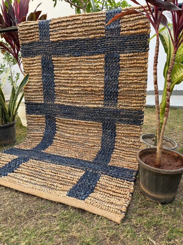 Modern Checkered Jute Area Rug- Handwoven Natural Fiber Floor Carpet, Boho Decor