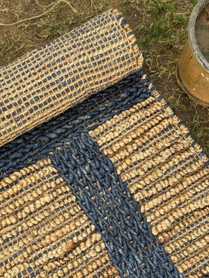 Modern Checkered Jute Area Rug- Handwoven Natural Fiber Floor Carpet, Boho Decor