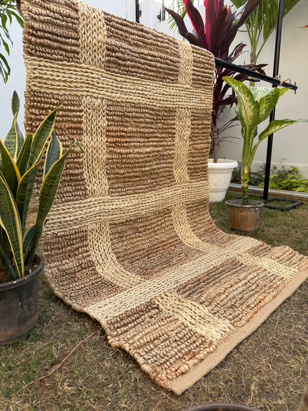 3X5 Natural Jute Grid Rug- Handwoven Rustic Bohemian Area Rug